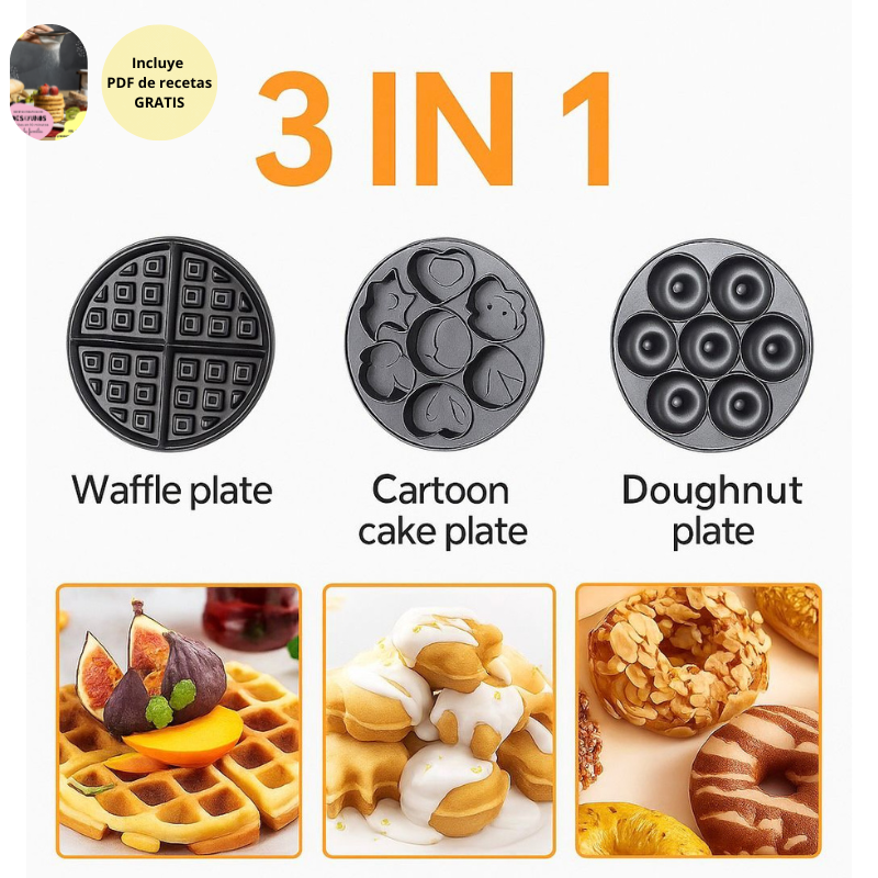 Wafflera 3 en 1 Multifuncional – Desayunos Rápidos, Fáciles y Creativos + Recetas Gratis