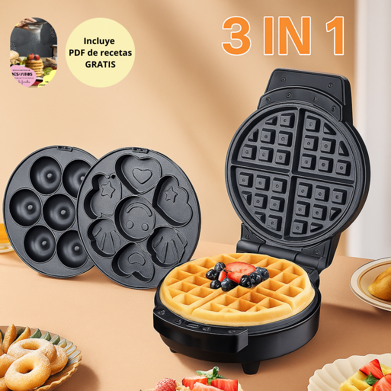 Wafflera 3 en 1 Multifuncional – Desayunos Rápidos, Fáciles y Creativos + Recetas Gratis