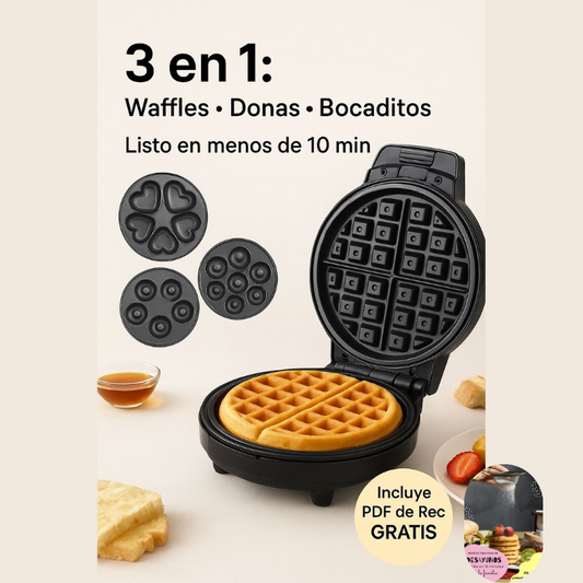 Wafflera 3 en 1 Multifuncional – Desayunos Rápidos, Fáciles y Creativos + Recetas Gratis