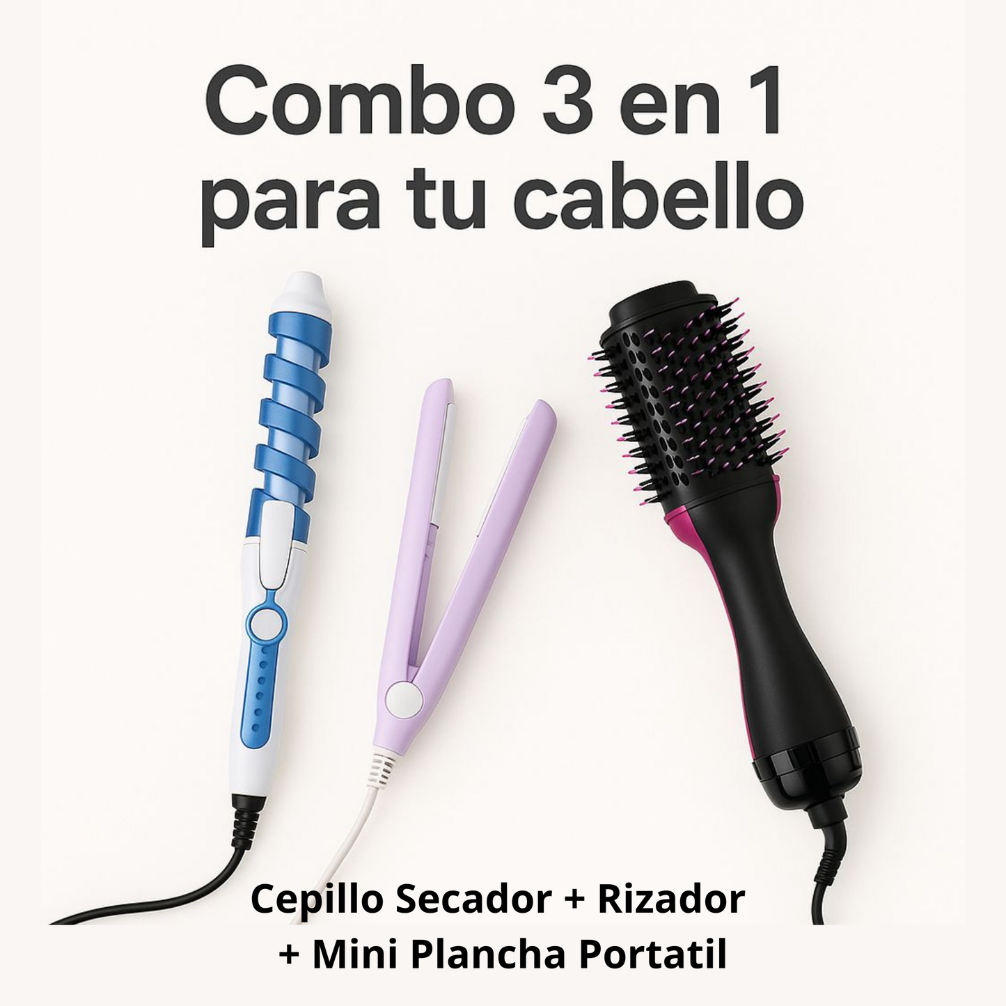 Combo 3 en 1 para tu Cabello: Cepillo Secador + Rizador + Mini Plancha Portátil
