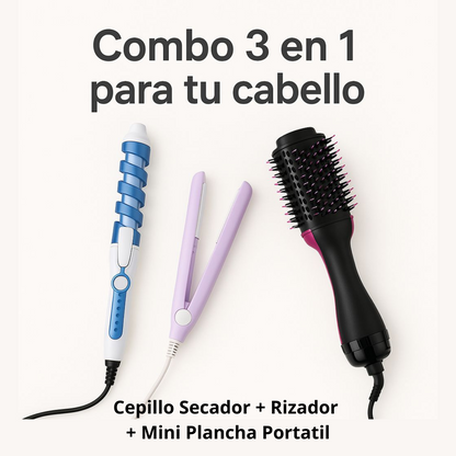 Combo 3 en 1 para tu Cabello: Cepillo Secador + Rizador + Mini Plancha Portátil