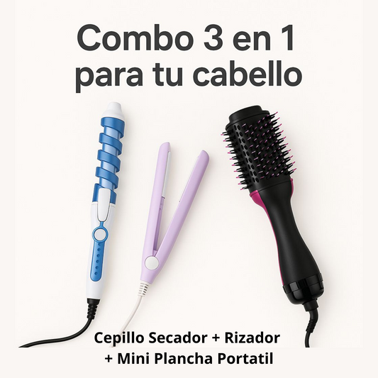 Combo 3 en 1 para tu Cabello: Cepillo Secador + Rizador + Mini Plancha Portátil