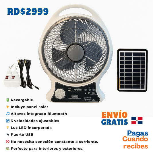 Abanico Recargable 14” Solar con Altavoz – ¡Frescura y música sin límites!